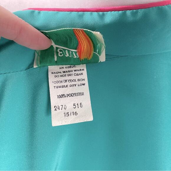 Vintage 70s Jenni Green and Pink Tie Belt Button Down Midi Shirt Dress L - Picture 11 of 11